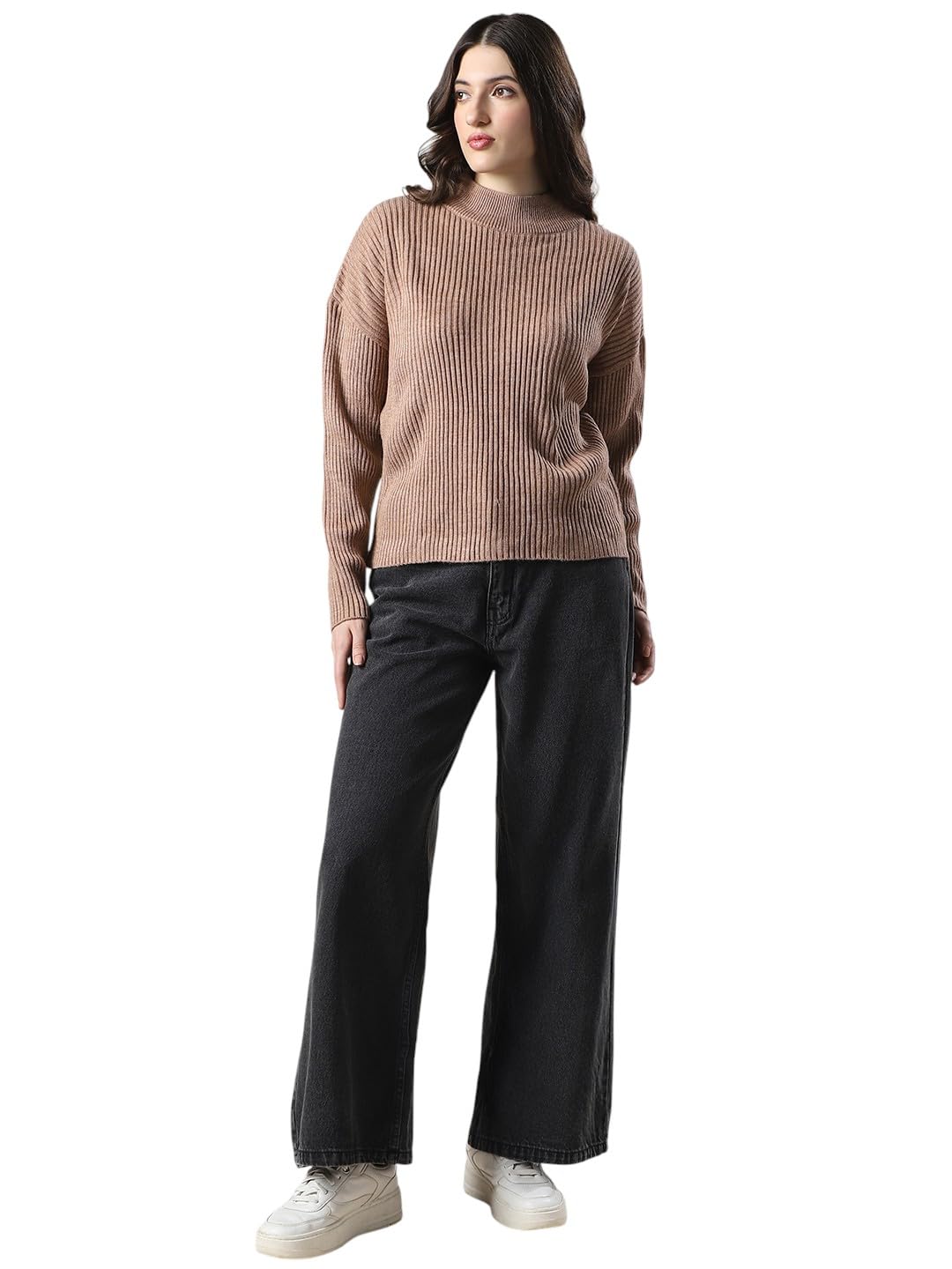 Women Self Design High Neck Drop Shoulder Long Sleeves Acrylic Knitted Pullover Sweater-image-49
