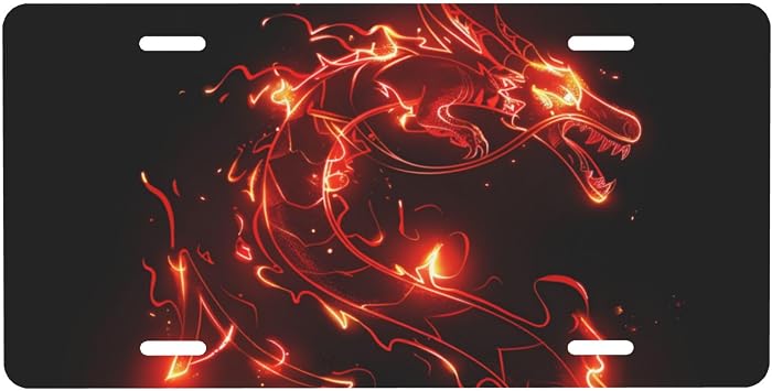 Red Art Dragon License Plate Car Front License Plates with 4 Holes Funny Aluminum Metal for Car Accessory Novelty Vanity Tag for Us Canada License Plate Men Women Made in USA 6 * 12 in