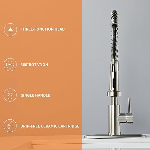 Miniatura 8 de Grifos de cocina, grifo de cocina de níquel cepillado con rociador extraíble, resorte industrial de una sola manija, grifo de fregadero de cocina de