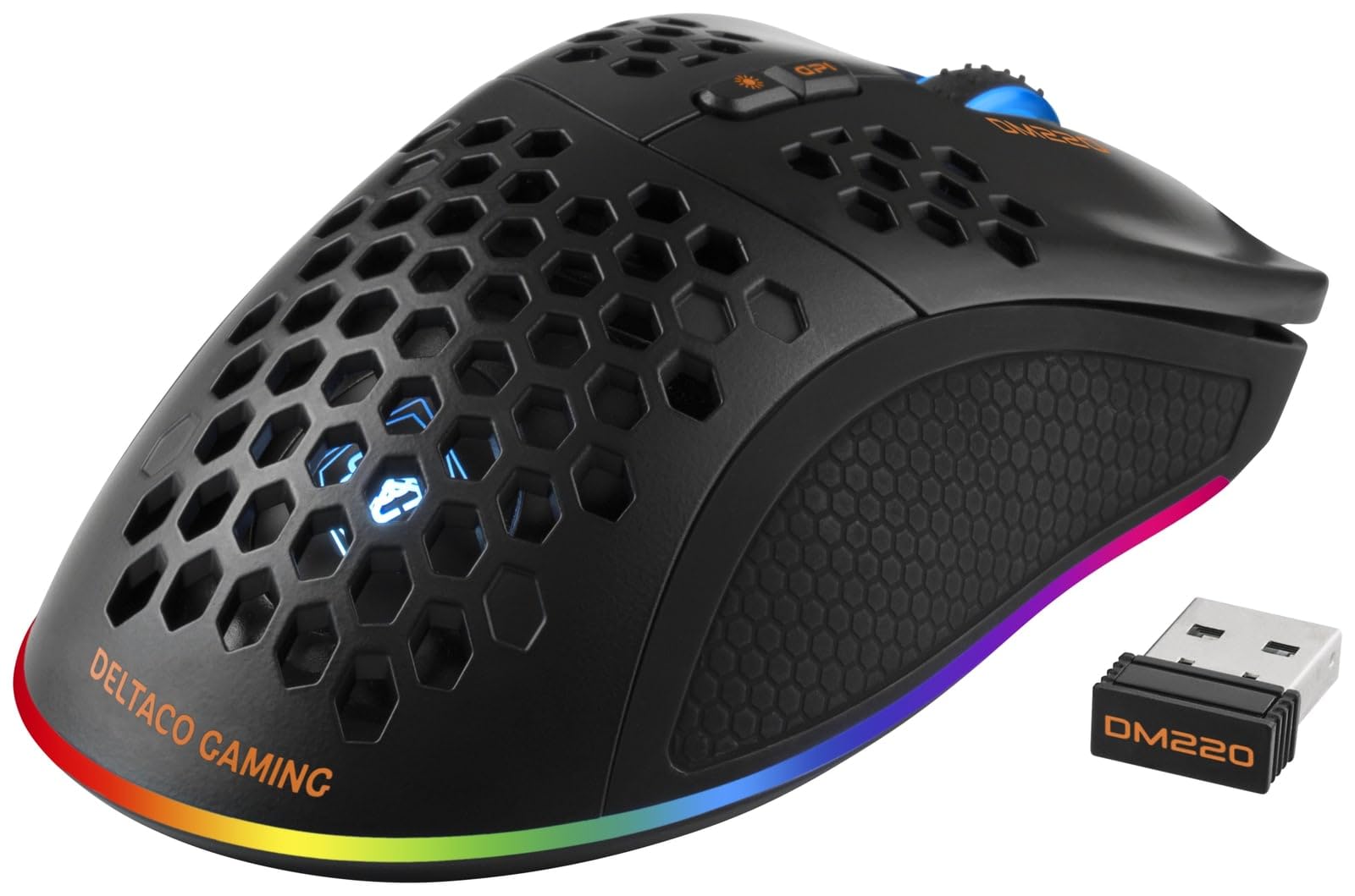 DELTACO GAMING DM220 mysz gamingowa radiowa, optyczna, czarna, 7 przycisków, 4800 DPI, możliwość ponownego ładowania