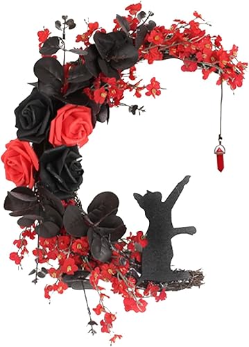 Miniatura 2 de Coronas de luna de Halloween para puerta delantera, otoño, guirnalda de corona de otoño con diseño de gato y luna, coronas de flores artificiales