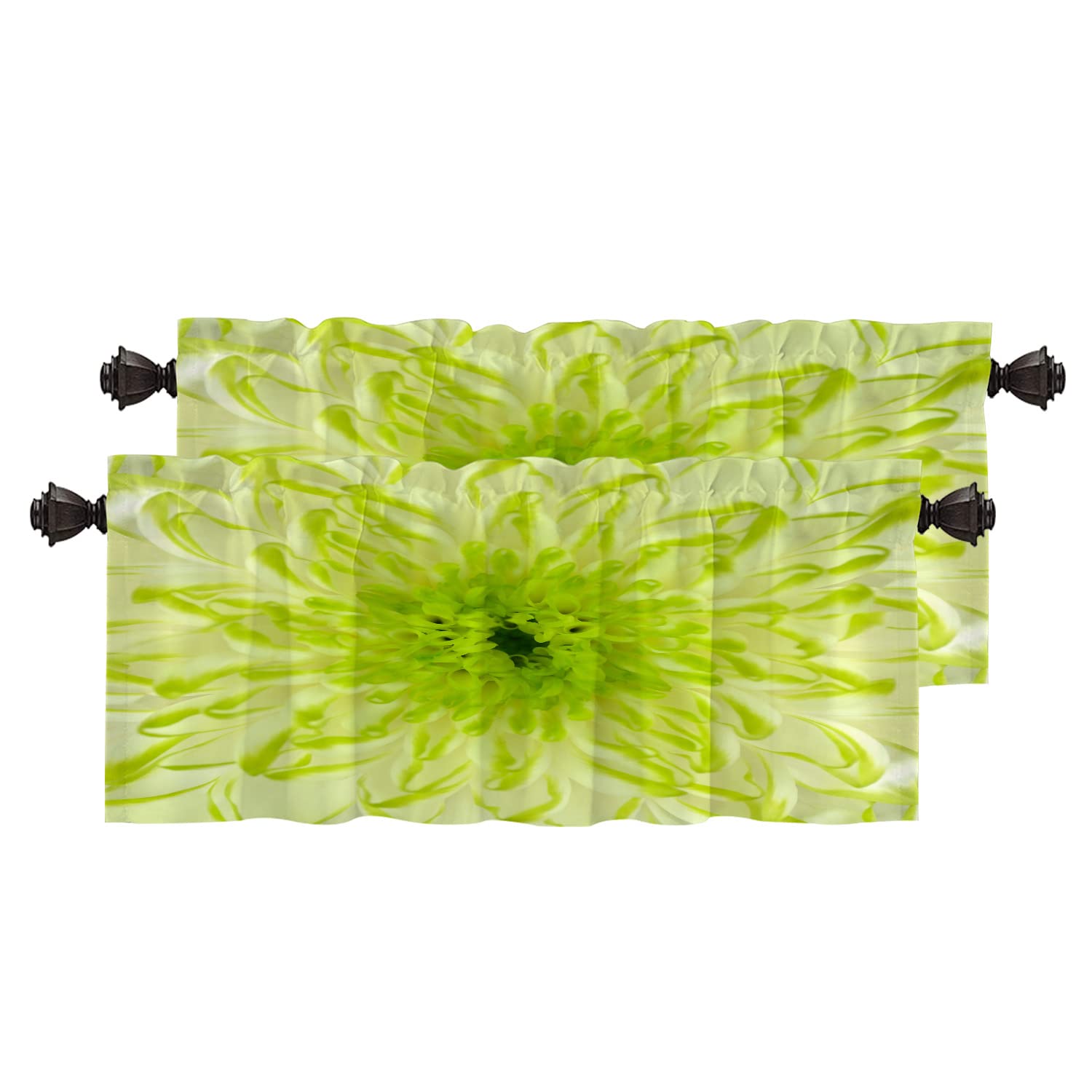 BaoNews Spring Floarl Kitchen Valances for Windows,Lime Green Chrysanthemum Flower Square Blackout Valances Curtains Multilayer Polyester Drapes for Kitchen Bedroom 2 Pack 52X18 Inches