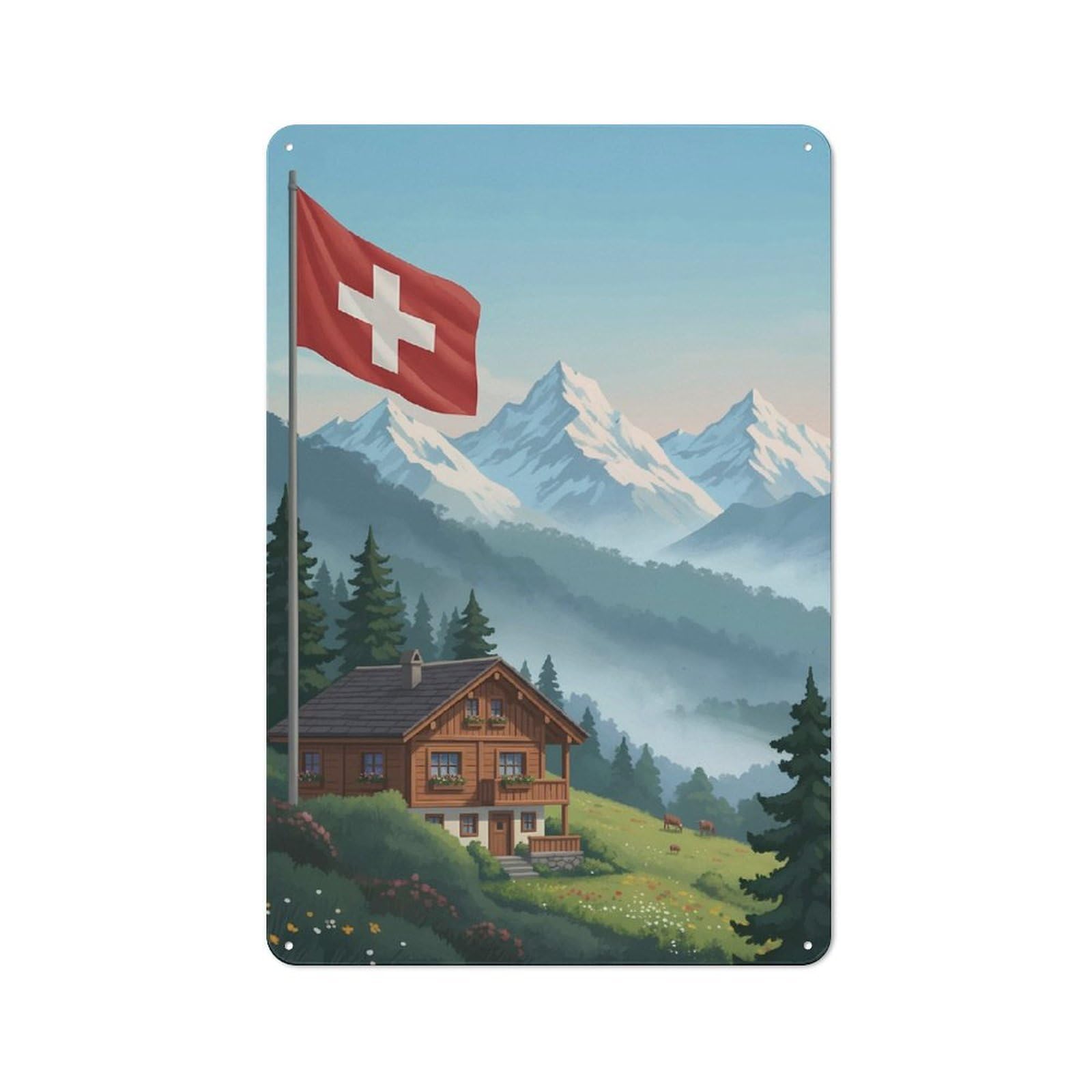 Junmoney Style-19 Vintage Tin Sign 30X20cm With Swiss Chalet With Flag And Mountains For Home Bar Wall, Metal Sign Decor For Home Bars And Entertaining Spaces