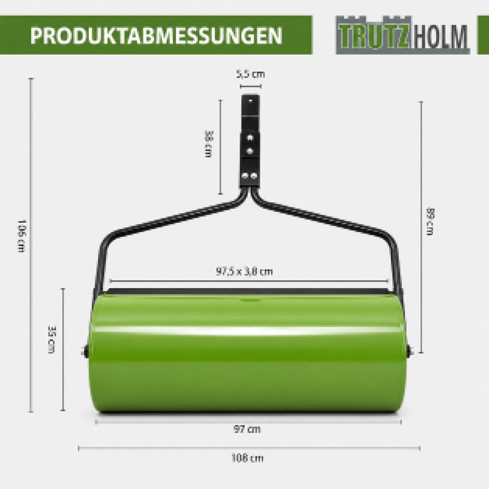 TRUTZHOLM Rasenwalze 97 cm für Rasentraktor ATV befüllbar Wasser oder Sand bis 95 L Schmutzabweiser Gartenwalze Ackerwalze