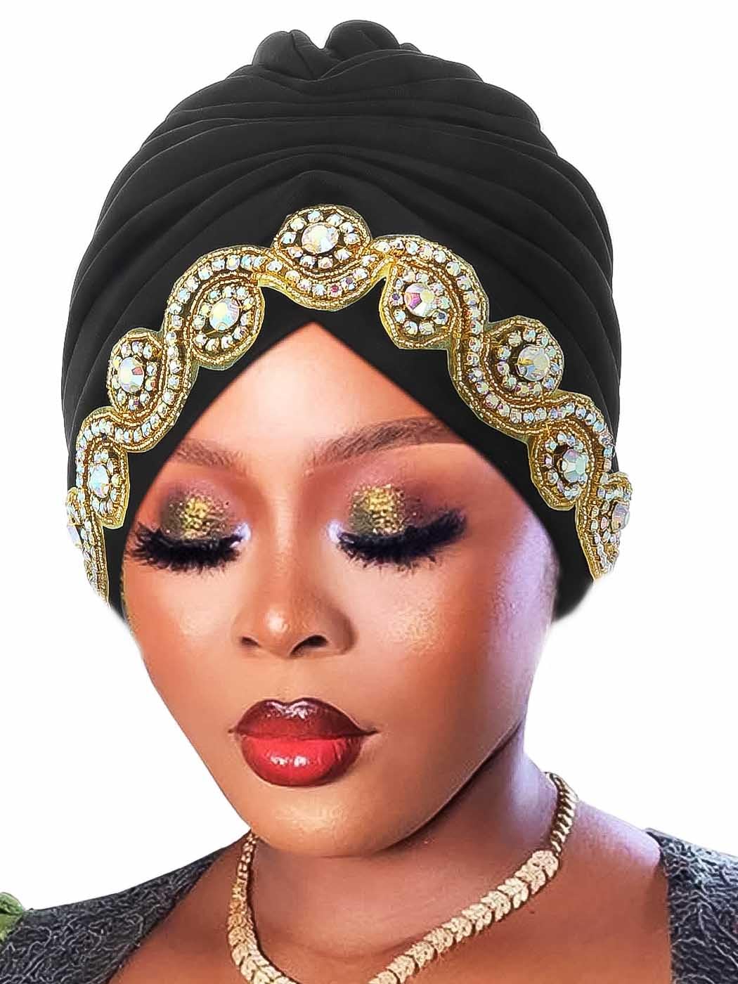 Woeoe Women African Turban Bling Rhinestones Beanie Cap Headwear Pre-Tied Crystal Head Wrap, Black