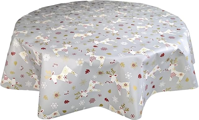 Karina Home Scandi Christmas Reindeer PVC Vinyl Wipe Clean Oilcloth Tablecloth (Round 138cm, Grey)