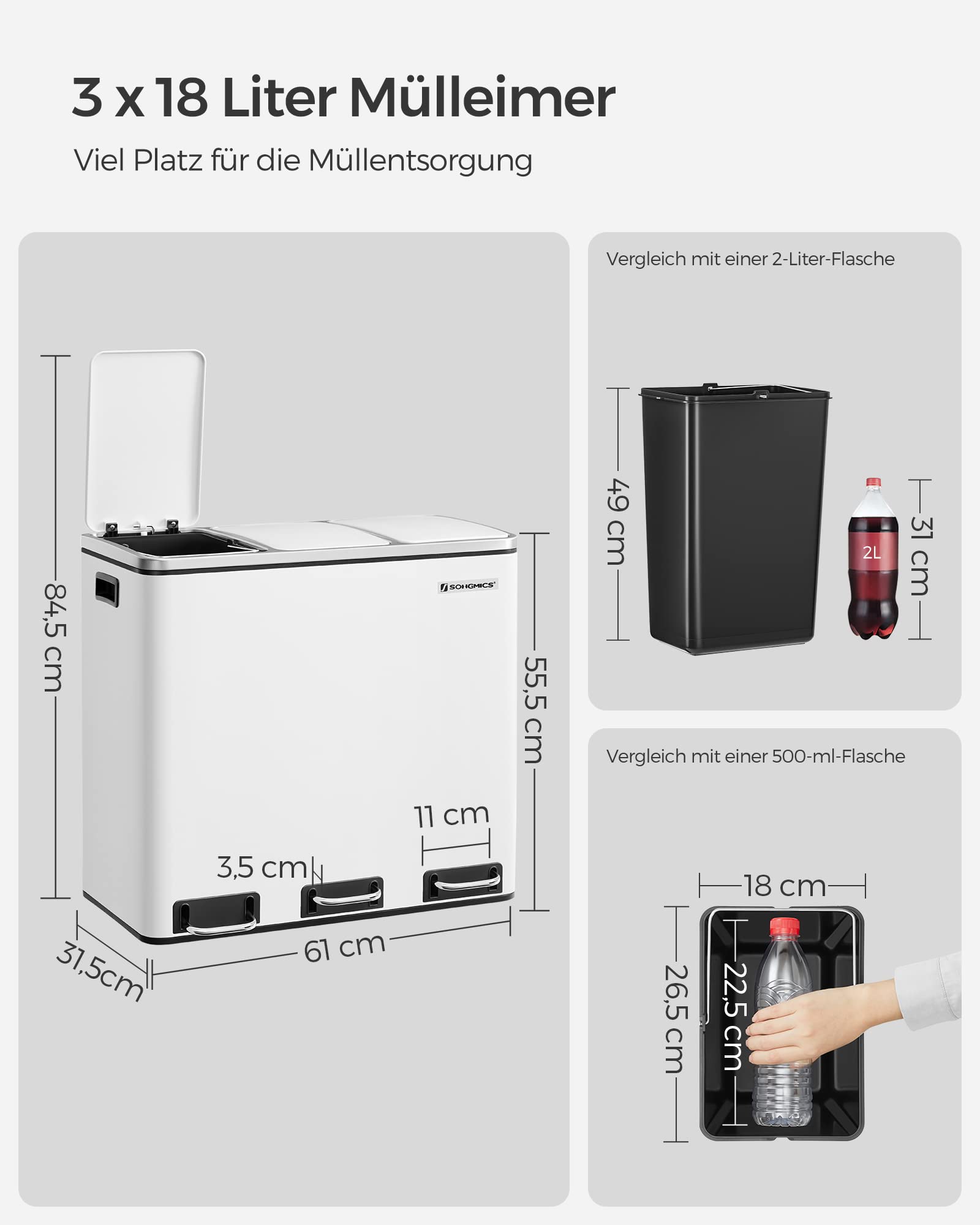 SONGMICS Mülleimer Küche, 3 x 18 L, Mülltrennsystem 3 Fächer, inklusive 15 Müllbeutel, Abfalleimer, Treteimer, für recycelbare Abfälle, Biomüll, mit Deckel, wolkenweiß LTB54WT