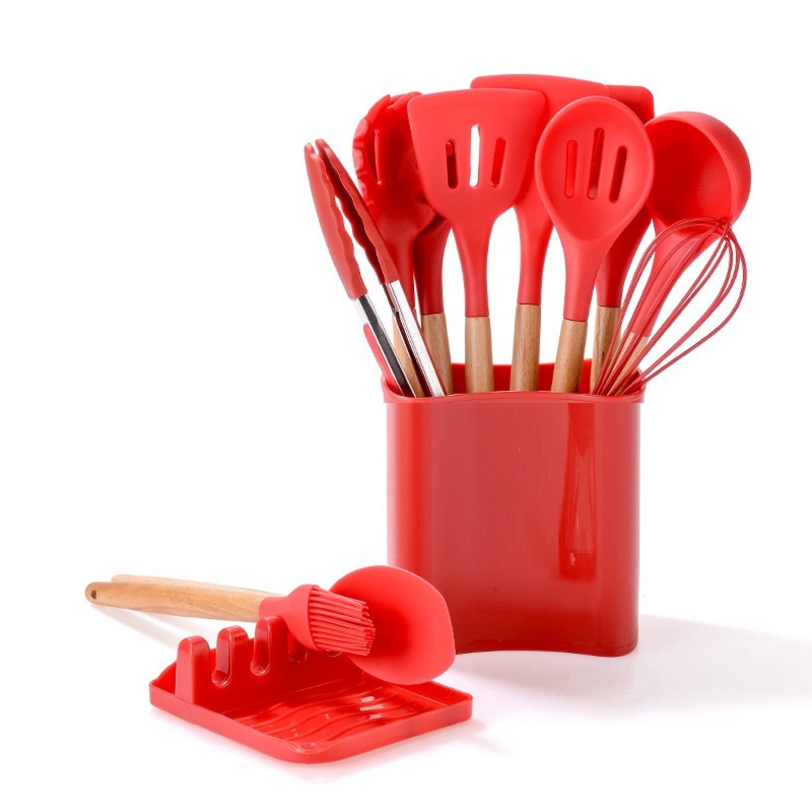 GTHTUHFD Cooking Spatulas And Spoons,Spoon Setcooking Utensils Set Silicone Kitchenware Scraper Oil Brush Egg Whisk Spatula Cooking Utensil Multipurpose Cookware,13pcs Red