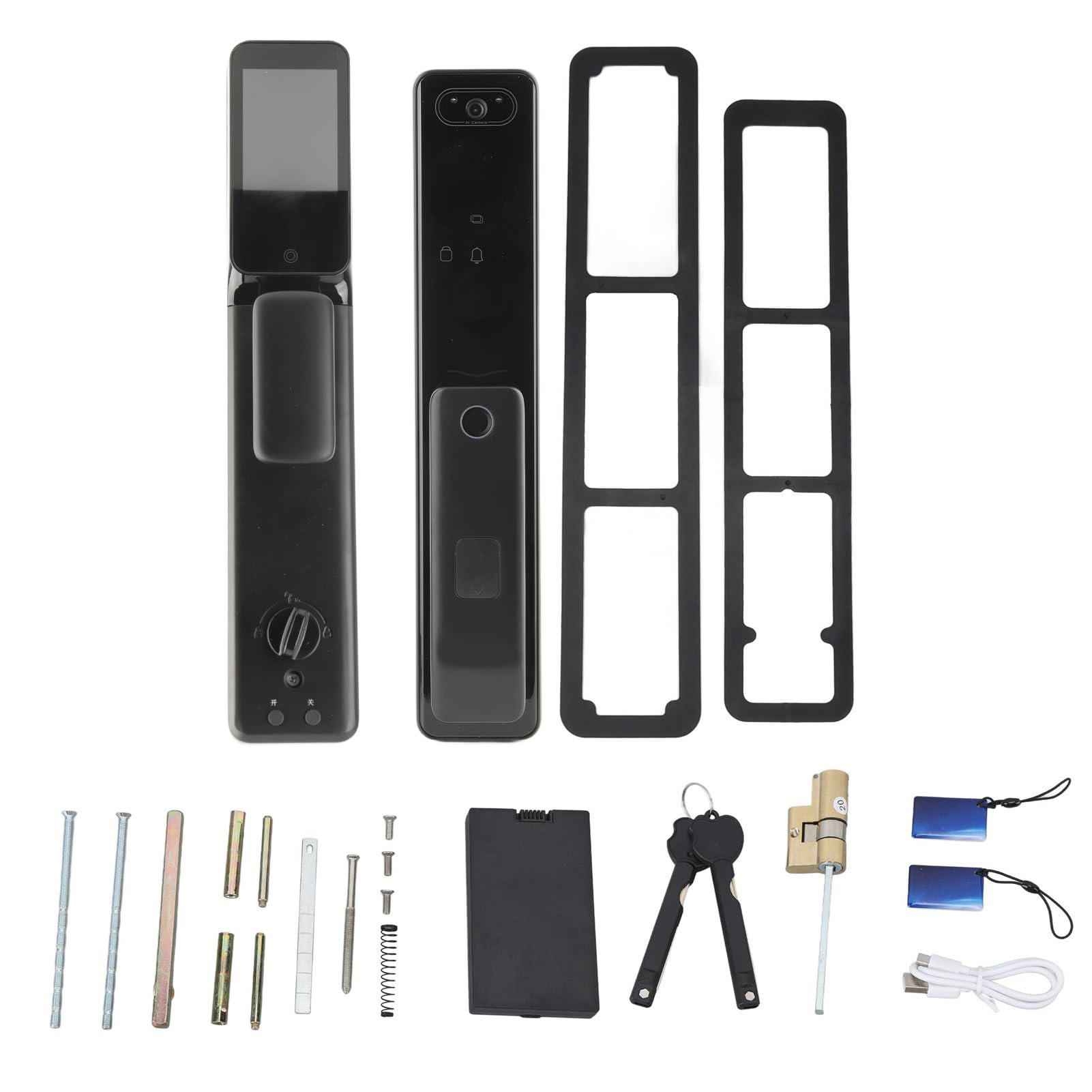 AUNMAS Automatic Smart Lock, showing the front panel with screen and fingerprint reader, and the back panel with the camera and internal components.