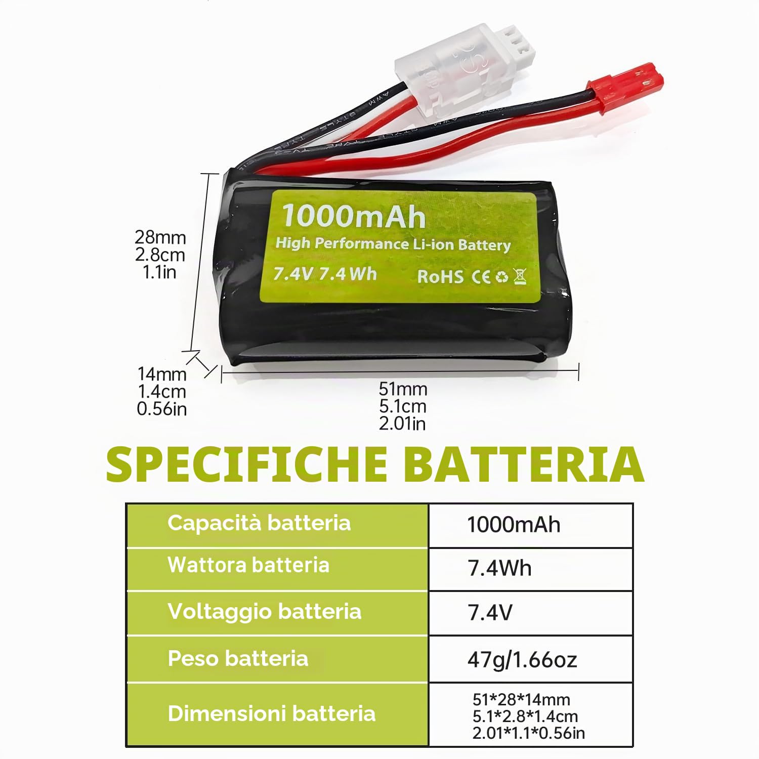 2PCS 7.4V 1000mah 2S batteria agli ioni di litio con spina JST con caricatore 2-in-1 Adatto per auto RC, flipper acrobatici, camion, modelli di auto giocattolo off-road veicoli