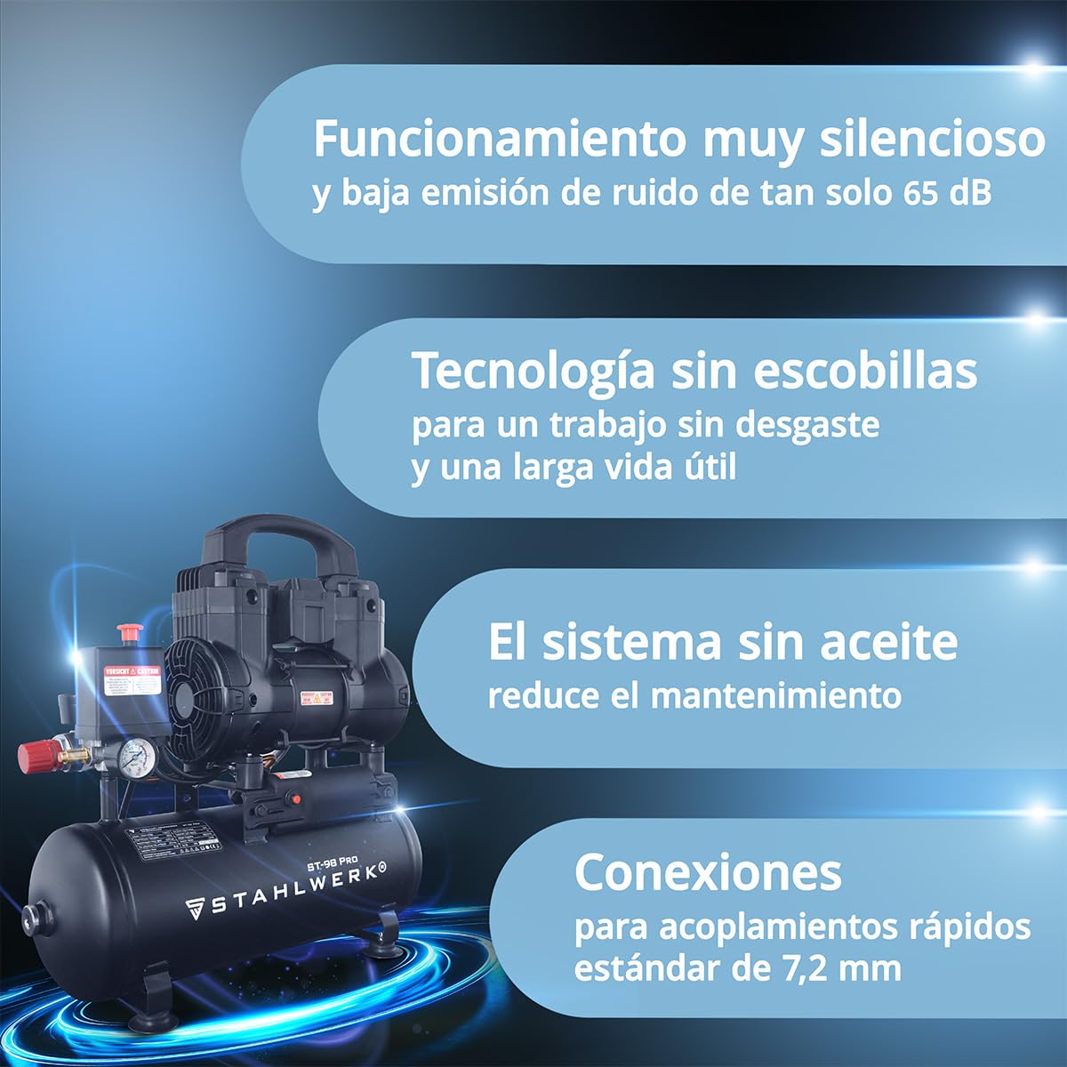 STAHLWERK Compresor con tanque de 9 L (ST-98 Pro) – sin aceite y silencioso, 8 bar, compresor de aire con motores sin escobillas, 1,22 CV, 0,90 kW, 170 l/min, compresor de pistón silencioso