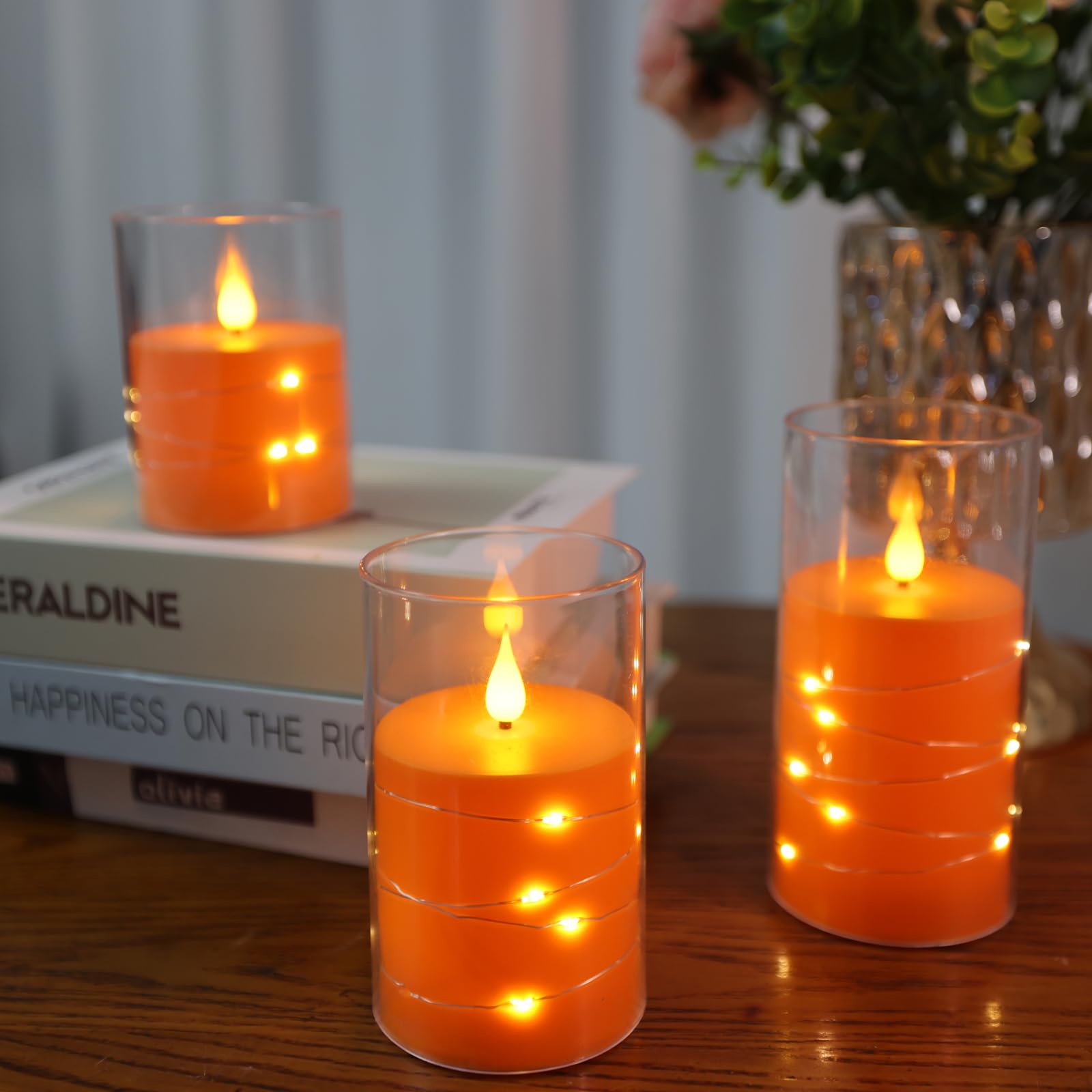 Da by Candele a LED, Candela da incasso arancione, candele a batteria, con luci a stringa incorporate 3 candele senza fiamma, funzione timer 24 ore, fiamma danzante, cera reale