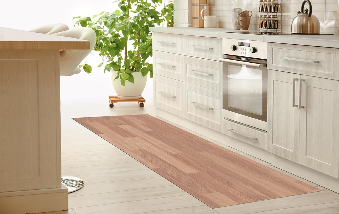 DobleUve Estudio Vinyl Teppich Holzoptik | Beige | 65x110 cm | Waschbarer Rutschfester Küchenläufer | Kinder | Wohnzimmer | Vinylboden PVC