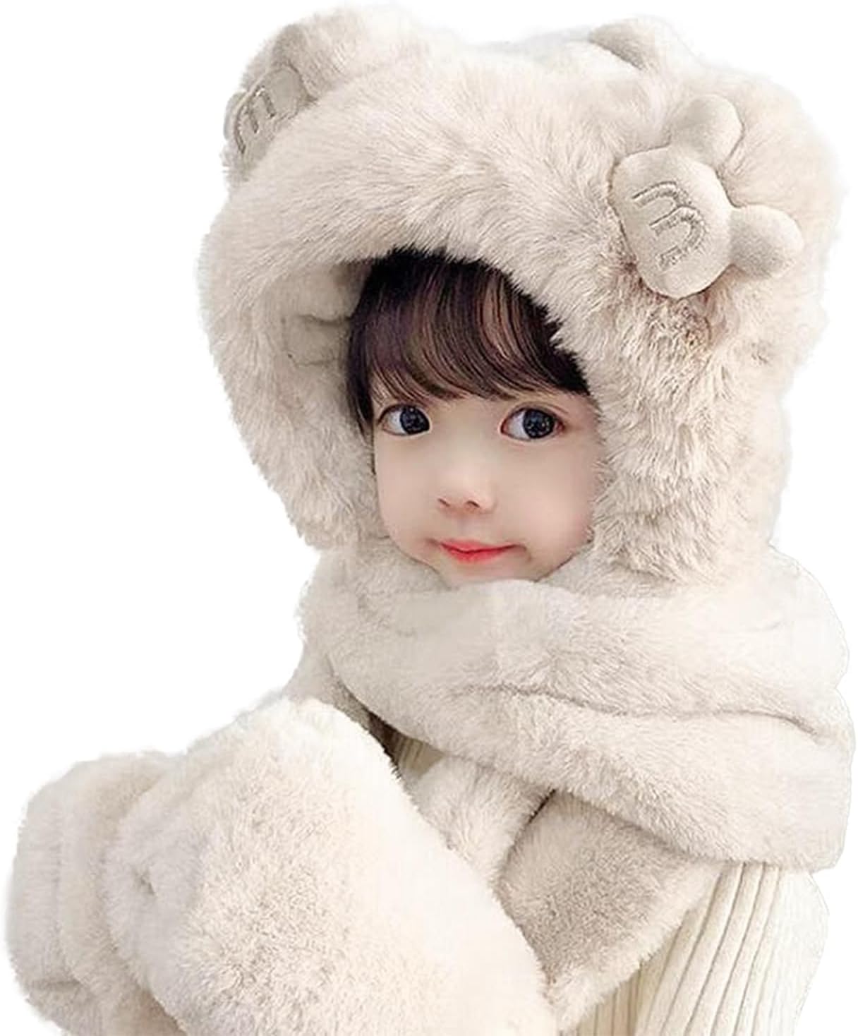 Kid Animal Hooded Hat 3 in 1 Furry Earflap Cap Scarf Mittens Cute Bear Warm Winter Plush Hoodie Hat Full Pocket Set for 6-12Y