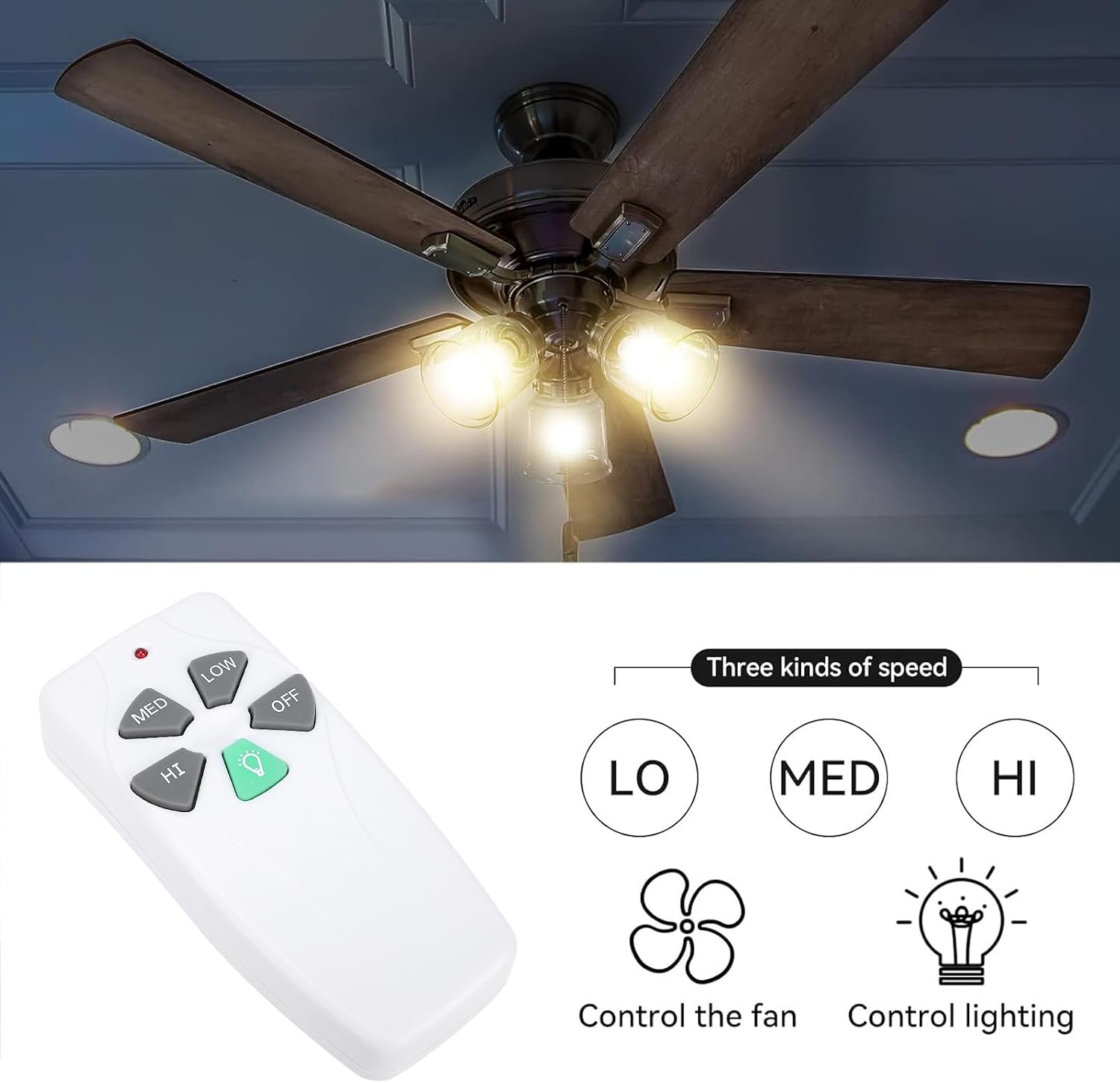 Yunseity Ceiling Fan Remote Control Replacement, 303.9MHz Remote with Light Dimmer for 3 Speed Fans, for Allen Bay, Includes Wall Mount Holder