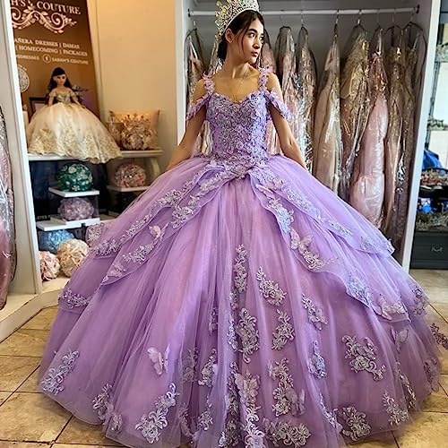 Zhangyo Spaghetti Straps Quinceanera Dresses with Butterfly Sweet 16 Ball Gown Puffy Lace Bithday Party Gowns CXL0934
