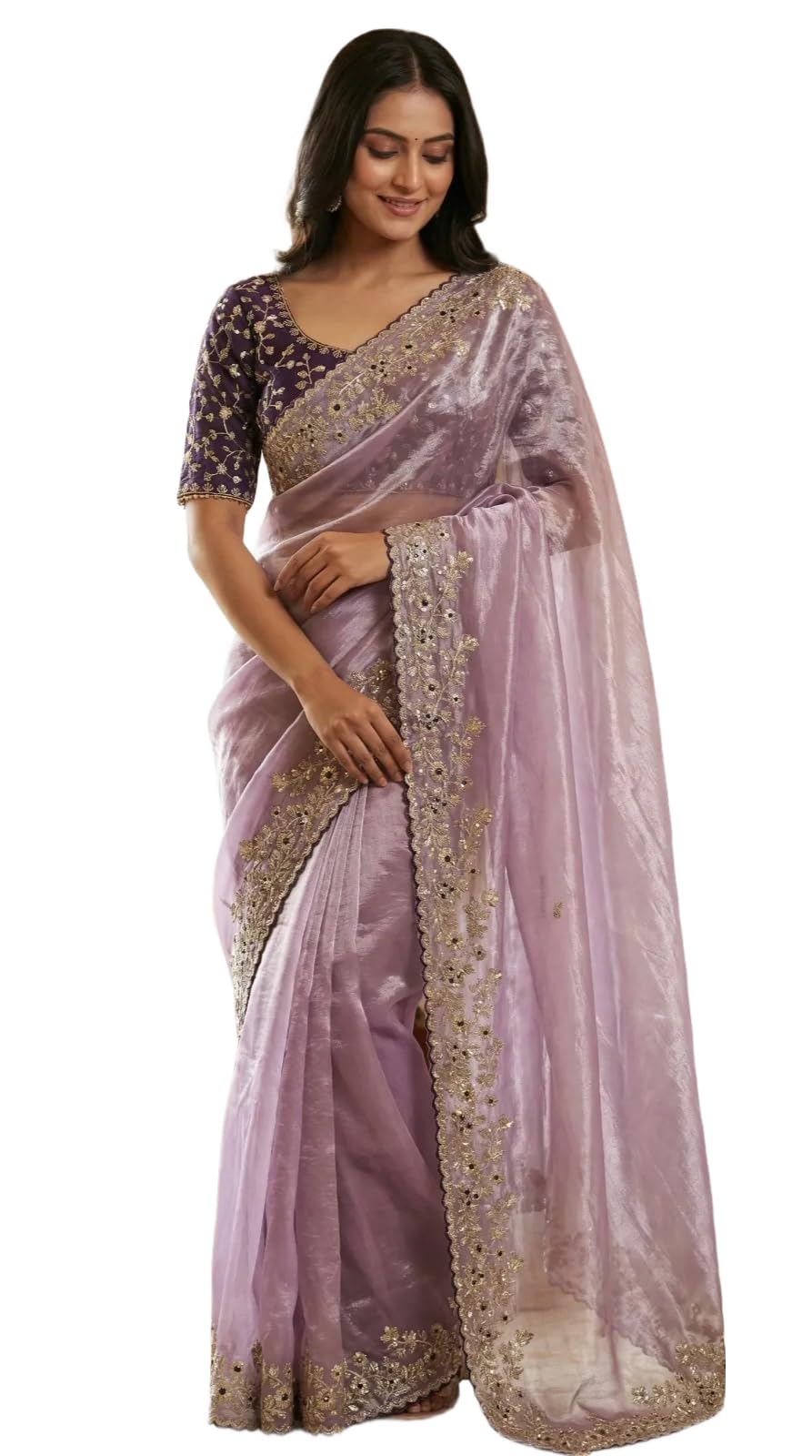 Designer Fandy Satin Saree for Women with Sequence Work | Cutwork Border Saree with Contrast Embroidered Full Stitch Blouse-image-43