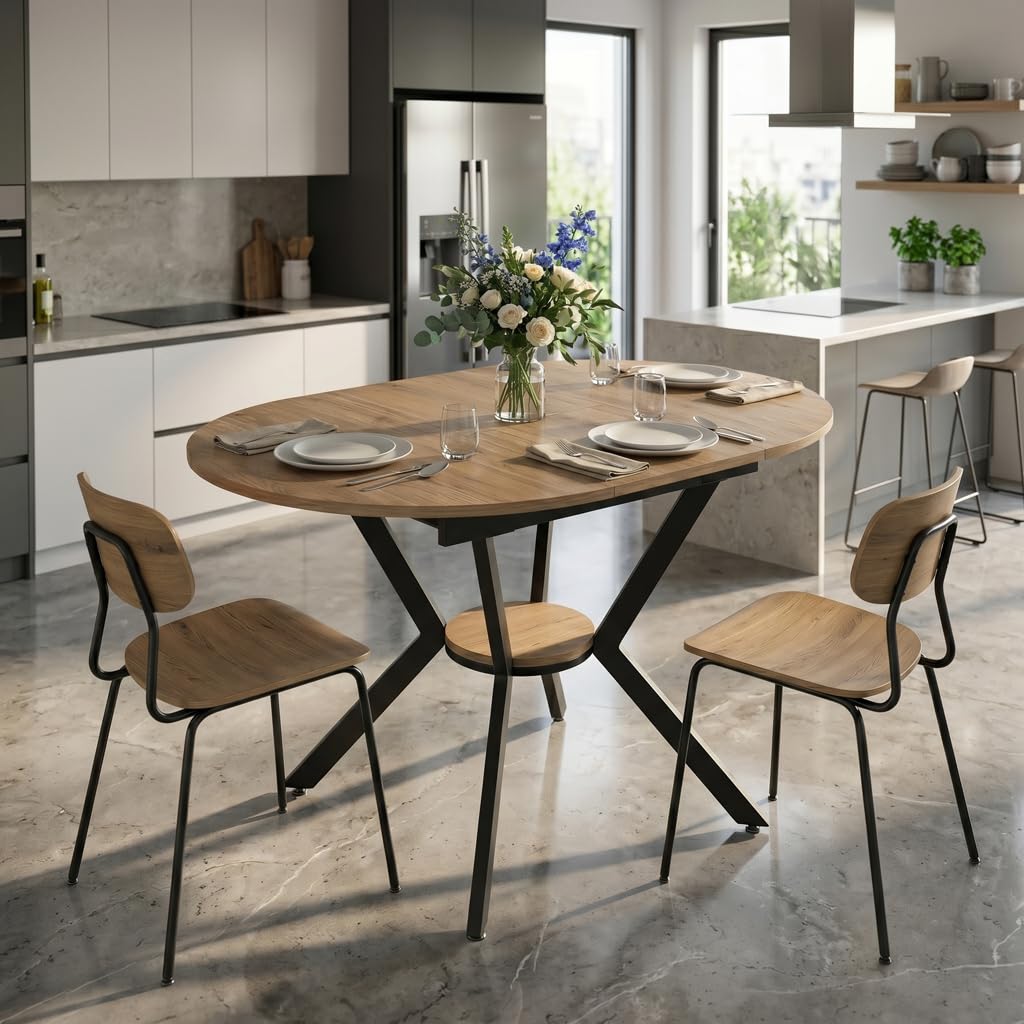 Tavolo da pranzo rotondo allungabile, 100-140 x 100 x 80 cm, robusto telaio in metallo a X, nero, tavolo da cucina con vano portaoggetti, tavolo da pranzo allungabile ovale per fino a 6 persone, per