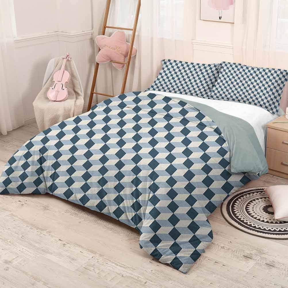 prunushome Retro 3 Piece Bedding Sets3D Style Cubes Squares Pattern Geometric Old Fashioned Abstract Futuristic Light-Weight Blue Pale Blue White 71x87in/20x30inx2