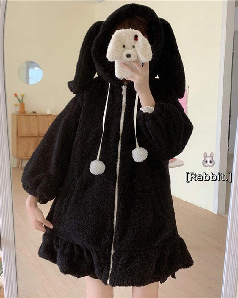 BZB Kawaii Anime Bunny Ear Hoodies For Women Sweet Lovely Fuzzy Fluffy Rabbit Sweater Tops Cosplay Jacket Coats: X-Large Black