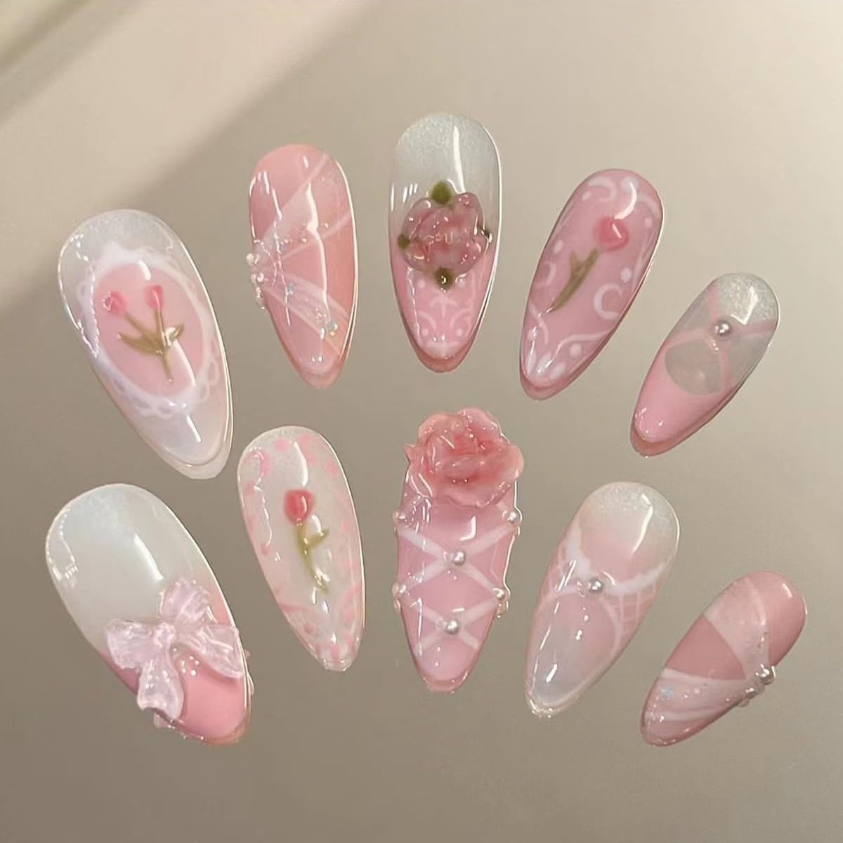 Handmade Press on Nails Medium Almond Fake Nails Pink False Nails with Pearl Design 3D Flower Bow Glue on Nails Glossy Stick on Nails Artificial