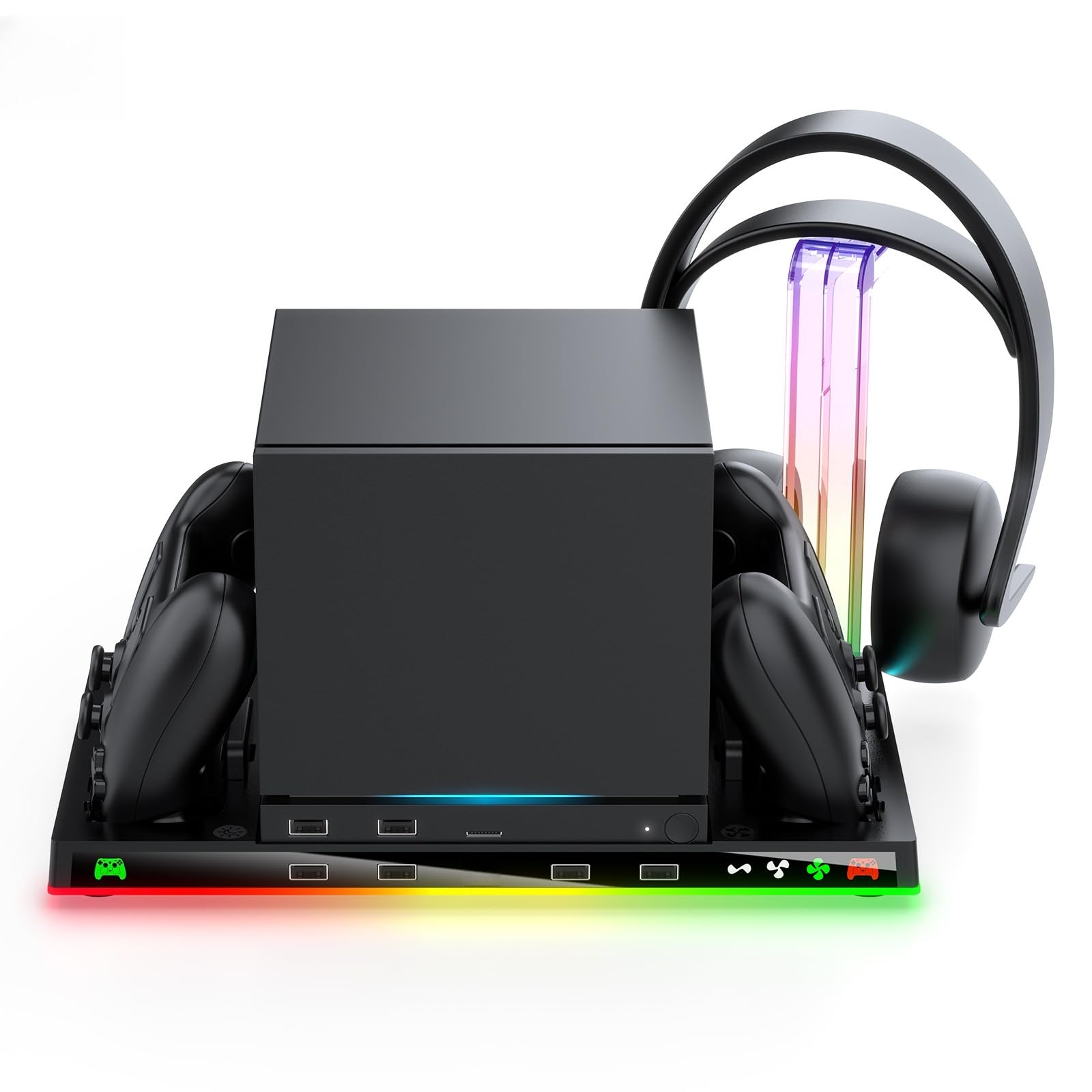 Base di ricarica per macchine a vapore Supporto caricabatterie doppio controller, supporto verticale con luce RGB per supporto controller vapore, supporto per cuffie dock di ricarica