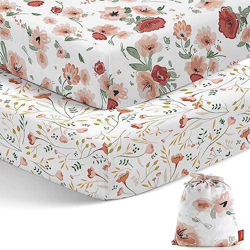 Image of besrey 2 Packs Crib Sheets Fitted for Baby Boy and Girl, with a Storage Bag, Jersey Knit Cotton Baby Crib Sheet for Standard Crib Mattress & Toddler Bed Mattress(Flower Style)