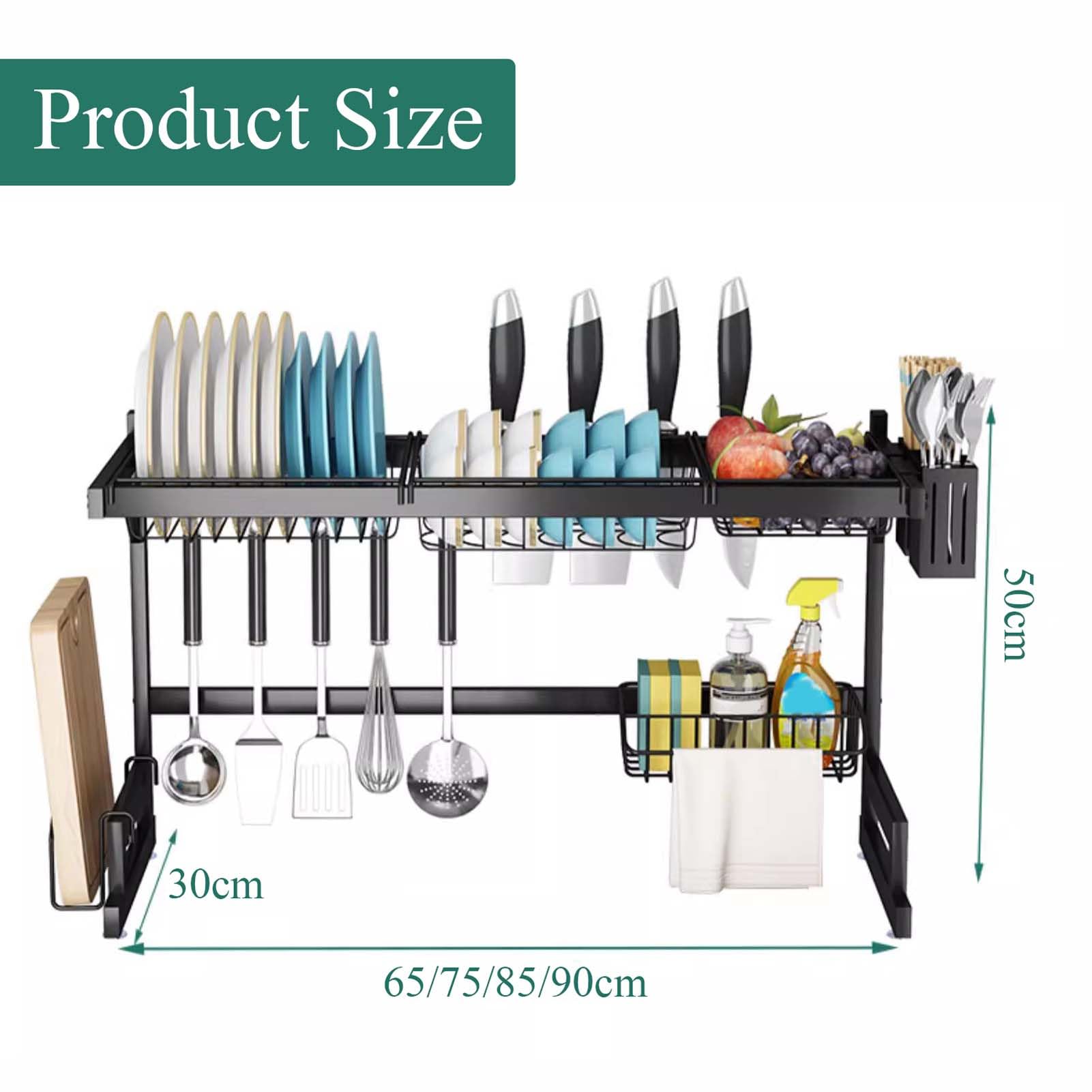 Escurridor de Platos para encimera de Cocina sobre el Fregadero, 90 x 30 x 50 cm, escurridor de Platos Negro sobre el Fregadero, escurridor de Acero Inoxidable para Cocina, Estante organizad