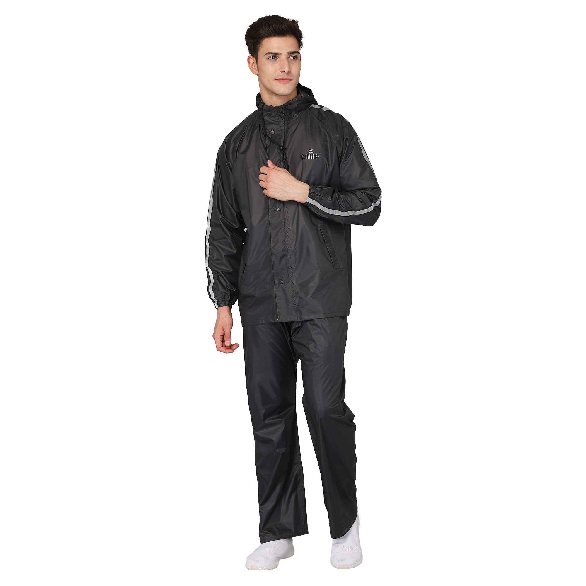 THE CLOWNFISH Bruce Series Men's Waterproof Polyester Regular Raincoat With Hood And Reflector Logo At Back For Night Travelling. Set Of Top And Bottom. Printed Plastic Pouch With Rope