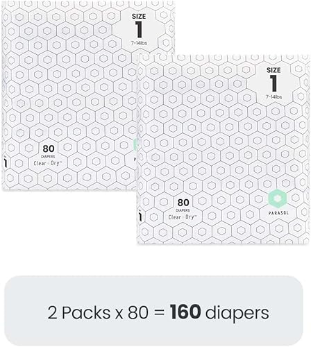 PARASOL Clear+Dry - Pañales desechables Protección RashShield, diseño a prueba de fugas, juego de pañales hipoalergénicos Talla 1 (7-14 libras) 80