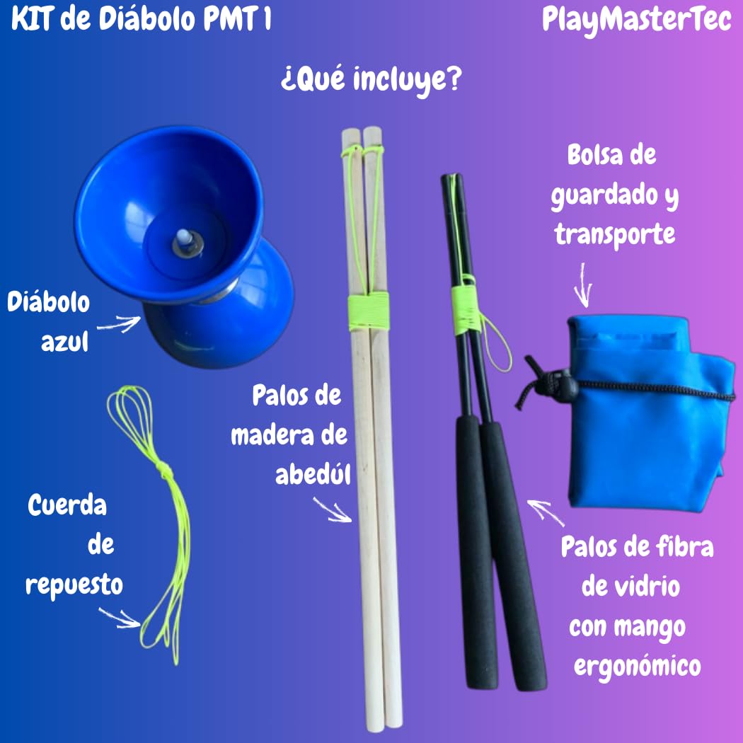 Diábolo Azul Eje Fijo Kit 2 Juegos de Palos niños y Adultos Regalo Ideal