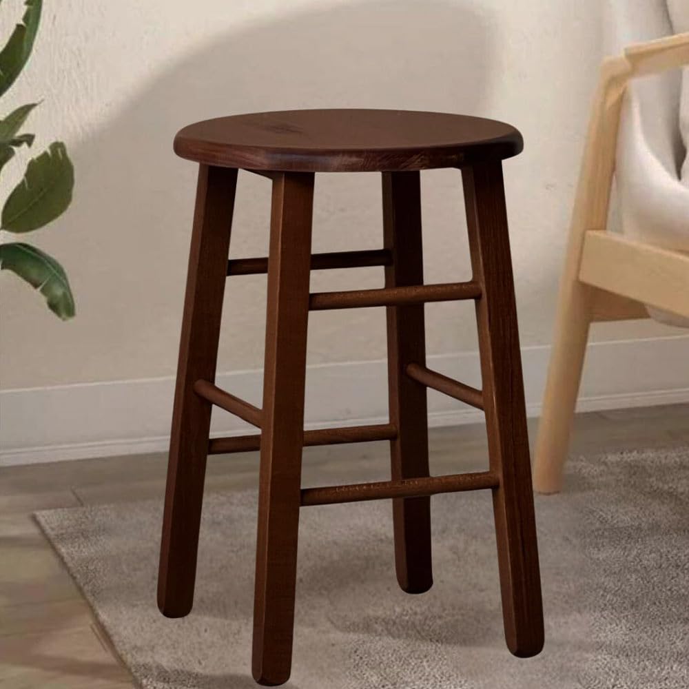 OKAFFAREFATTO MADDALONI Taburete bajo de bar de madera de 47 cm de altura con asiento redondo de madera de nogal oscuro con patas rectas ya montado