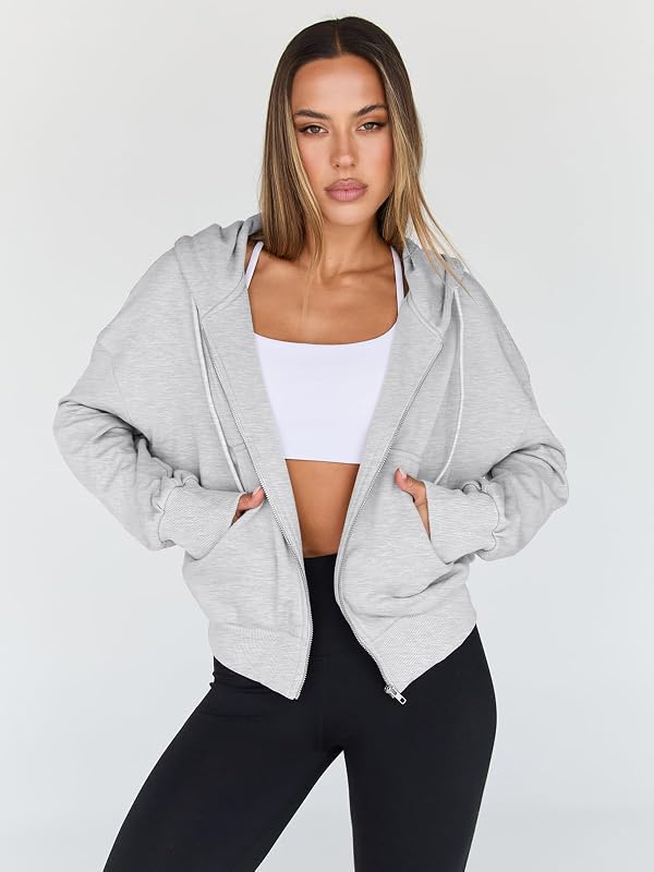 Trendy Queen Womens Zip Up Hoodies Cropped Jackets Fall Outfits 2026 Grey image 2