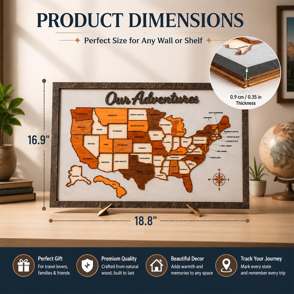 Puzzle de suivi de carte de voyage USA en bois pour les États
