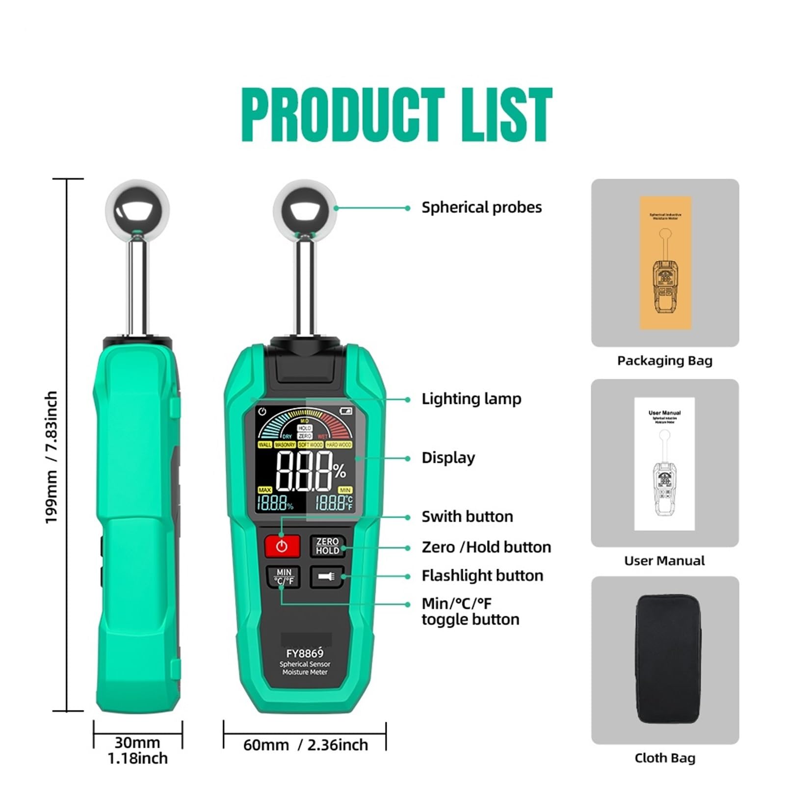 Medidor de humedad de granos, Misuratore di umidità professionale, profondità non distruttiva di 40 mm con display del sensore sferico for legno, cemento, mattoni