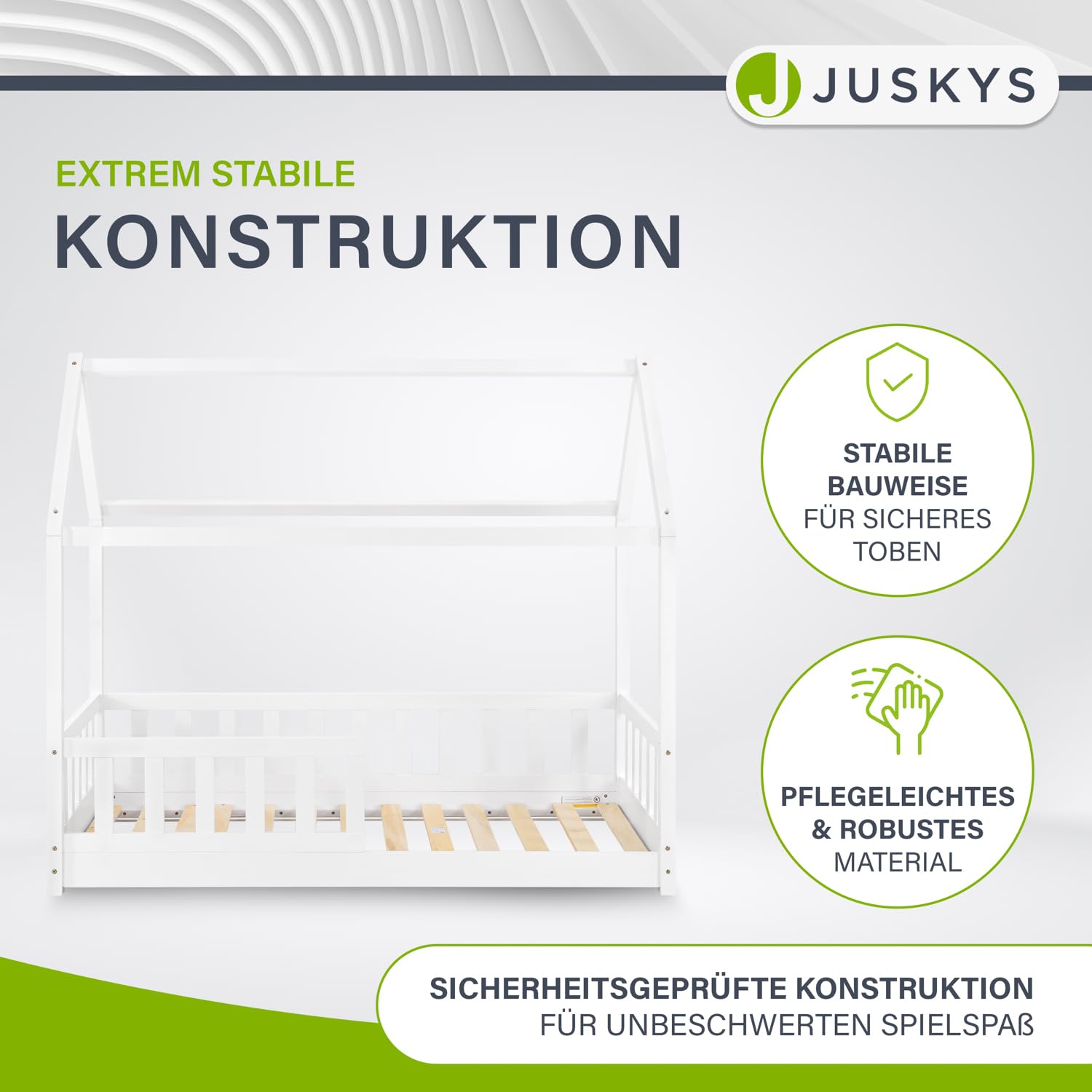 Juskys® Kinderbett Marli 80 x 160 cm mit Rausfallschutz, Lattenrost und Dach - Hausbett für Kinder aus Massivholz - Bett in Weiß