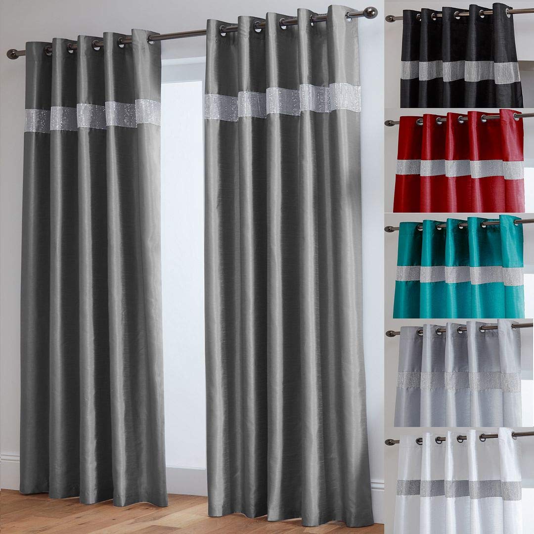 John Aird Grey Diamante Fully Lined Faux Silk Eyelet Curtains (, 66" Wide X 72" Drop)