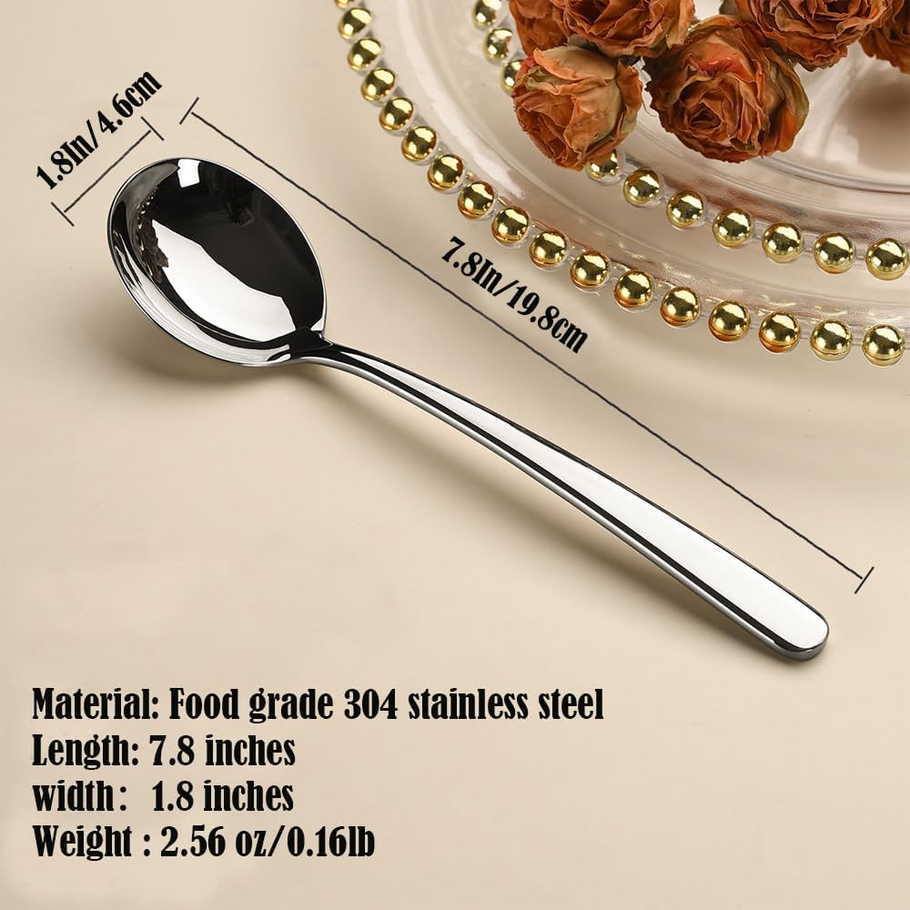 Large Round Soup Spoons Set,Set of 4 Premium 18/10 Stainless Steel Spoons with Long Handles,7.8 Inch Elegance Tablespoon,Dishwasher Safe,Fine Mirror Polished (Silver)