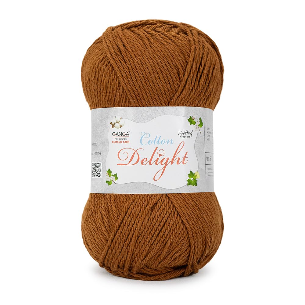Ganga Acrowools Cotton Delight, Dk Weight Cotton Yarn, Oekotex Class L Certified 100G, 169M (Brown)