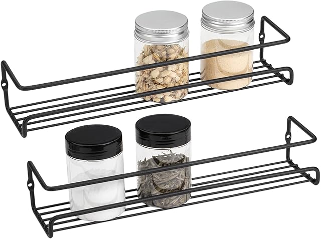 QIWODE Spice Rack Organiser [2 Pack], Wall Mounted Spice Storage Shelves for Kitchen Cupboard Pantry Cabinet Door, Sturdy Hanging Organizer (Small Size - Black)