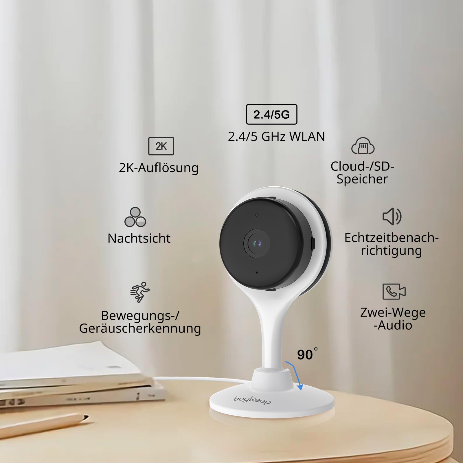 BoyKeep 5G/2.4GHz WLAN Kamera Indoor Überwachungskamera Innen 2K Babyphone mit Kamera, Nachtsicht, Bewegungs- /Tonerkennung, Zwei-Wege-Audio, SD&Cloud-Speicher, K10