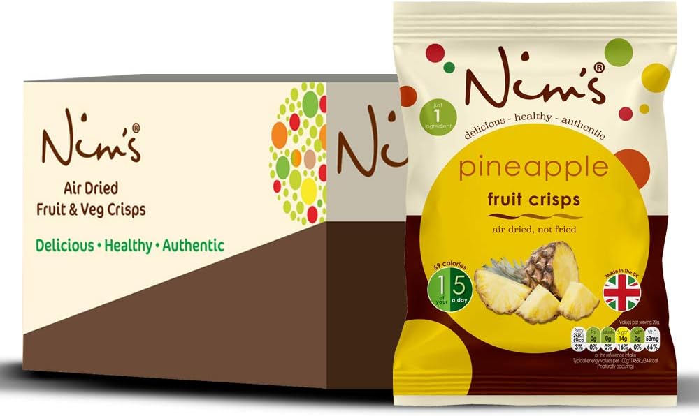 Nim's Pineapple Crisps Case of 12 (20g) - Made in UK Healthy 100% Whole Dried Fruit Snack - Sugar Free, Salt Free, High in Fibre, Vegan, Vegetarian, Low Calorie, Gluten, Fat Free