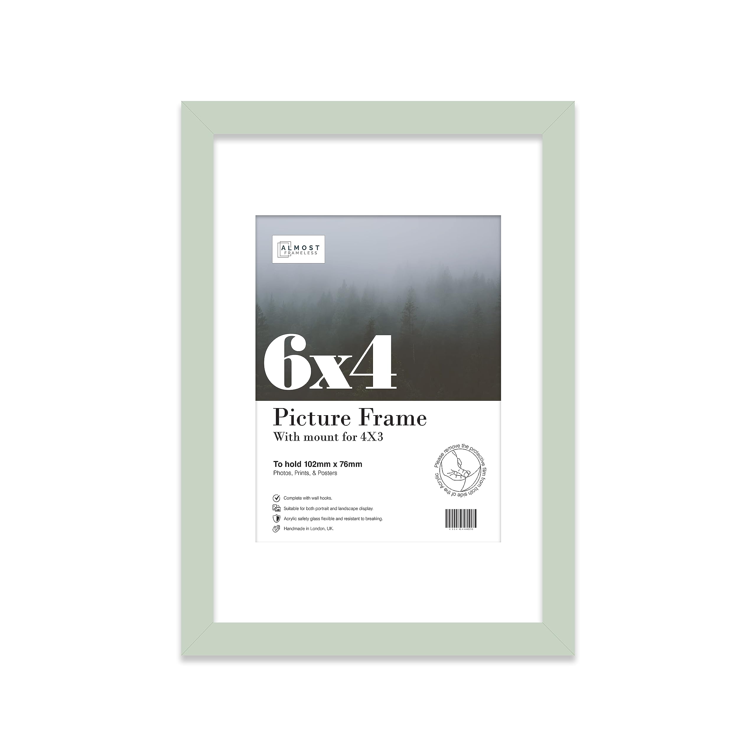 Almost Frameless 6x4 Mint Picture Frame With Mount for 4x3 Print, Poster or Photo Poster, Photo, Artwork, or Print. Thin Edge Slim Frame Portrait and Landscape Display with Wall Hooks