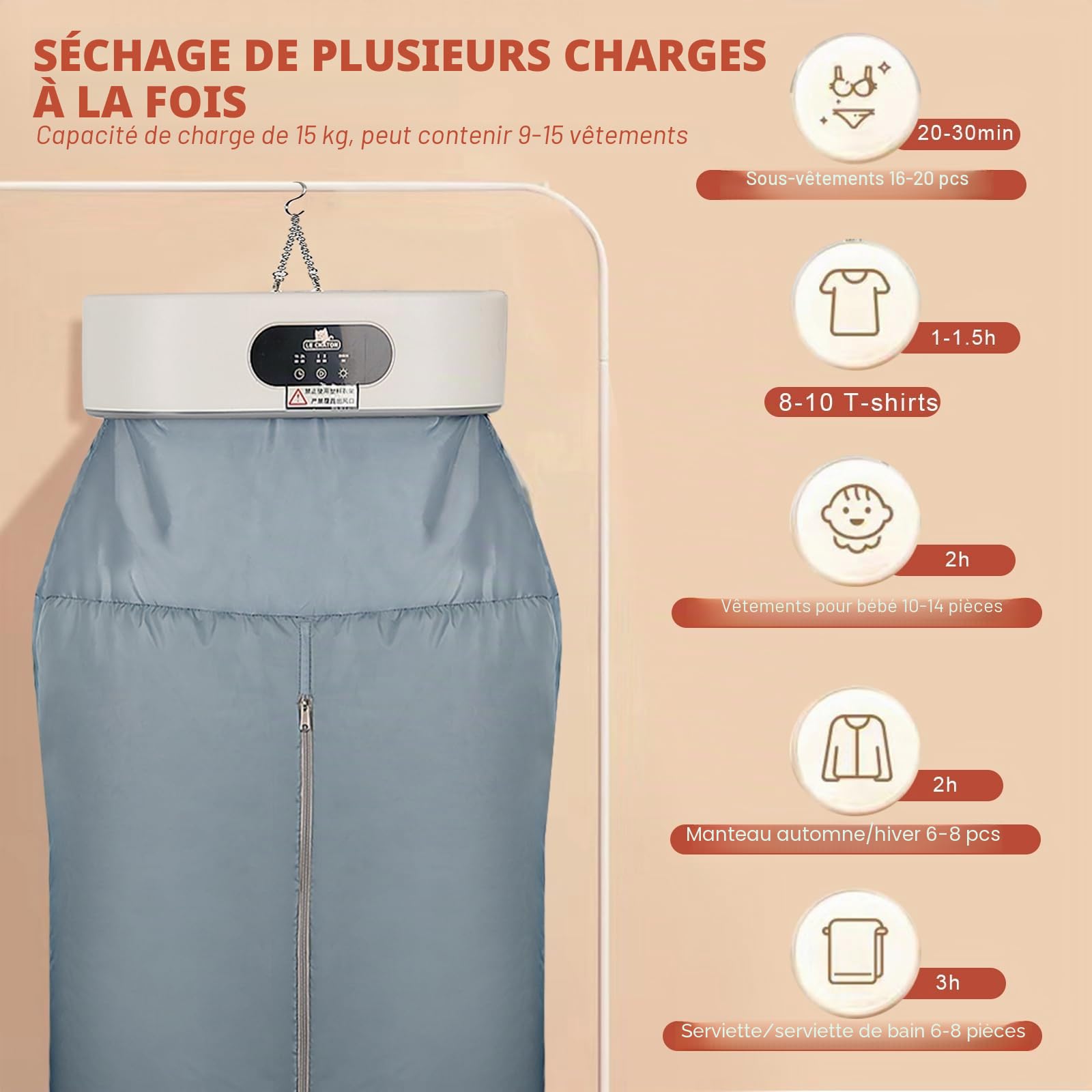 Séchoir à linge, sèche-linge portable pour appartements, voyages, dortoirs, caravanes, contrôle temporel, chauffage PTC. Sac à linge et cintres. Convient pour les vêtements, sous-vêtements