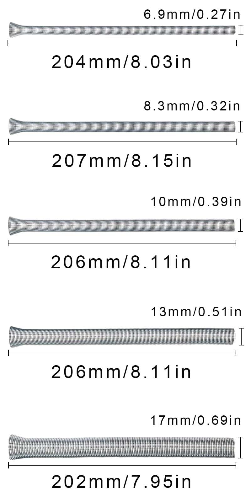 Spring Tube Bender Set 5 Pezzi Piegatrice a Molla per Tubi 1/4'' 5/16'' 3/8'' 1/2'' 5/8'' 210 mm