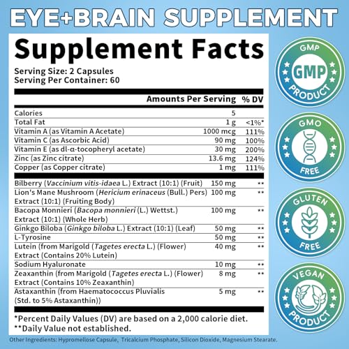 Image of Eye Brain Supplement for Memory and Focus 14 in 1 Eye Vitamins 120 Capsules