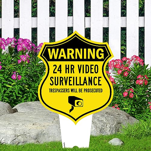 Image of Warning, 24 Hr Video Surveillance Sign, 9x17, Heavy Duty Integrated Ground Stakes, Indoor /Outdoor Use, Rust Free Aluminum Composite, Made in USA by My Sign center