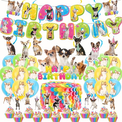 POMNUG Chihuahua Hund Geburtstag Dekorationen Nette Chihuahua Party Dekorationen beinhaltet Chihuahua Happy Birthday Banner, hängende Wirbel, Kuchen Topper, Cupcake Topper, Ballons, POMNUG-AB02