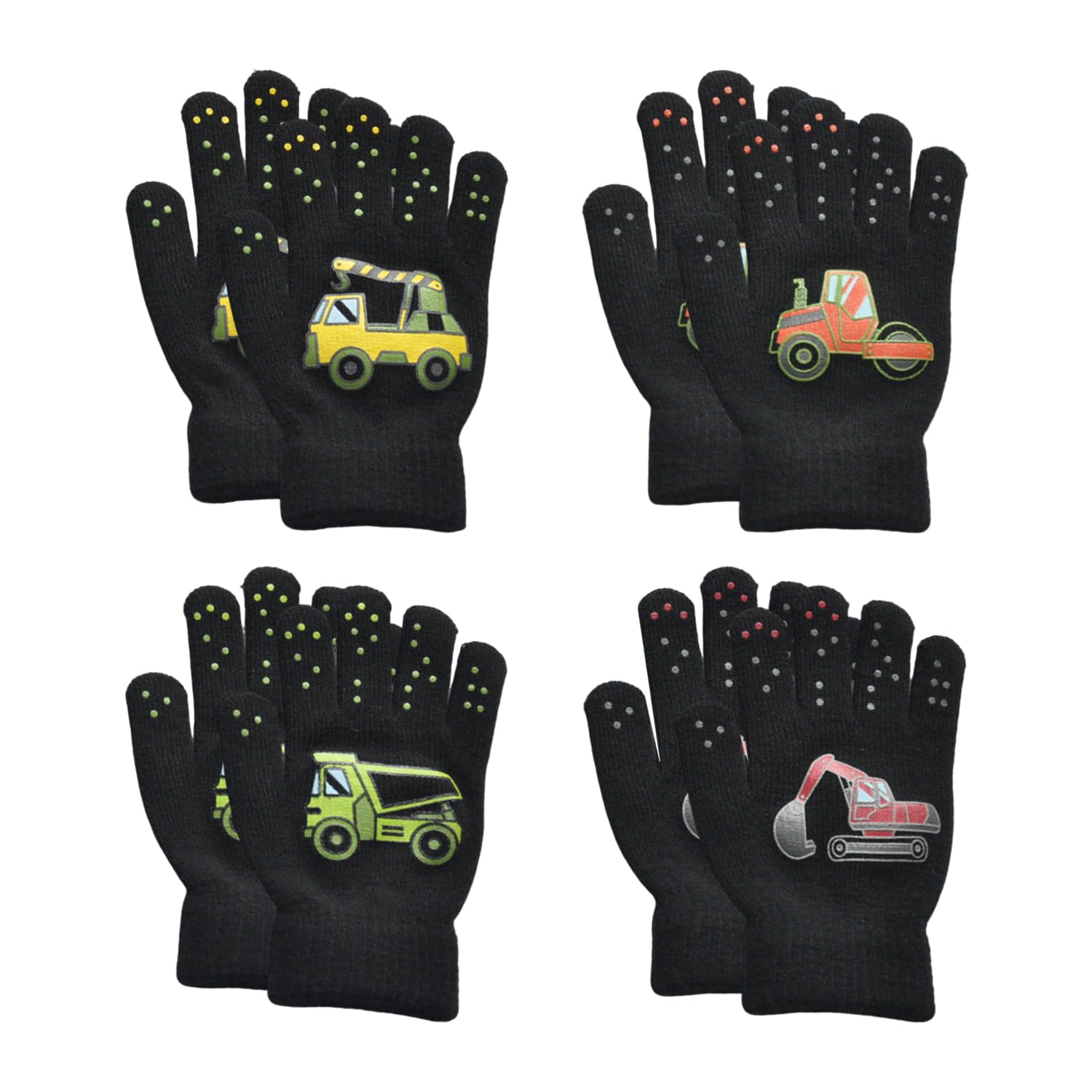 VEHYEGOI 4 Pairs Of Construction Vehicle Pattern Gloves, Kids Gloves, Cute Gloves, Warm Gloves, Soft Knitted Gloves
