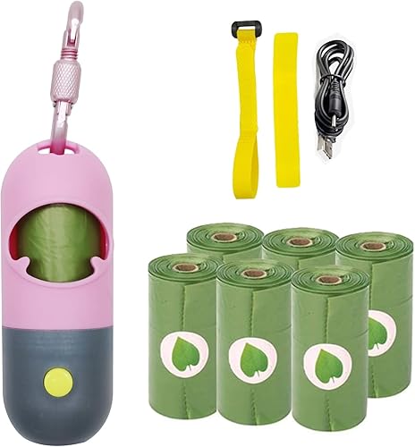 Miniatura 1 de Soporte para bolsas de excremento de perro con 7 rollos de bolsas de basura de perro verdes con batería recargable y cable USB, dispensador de